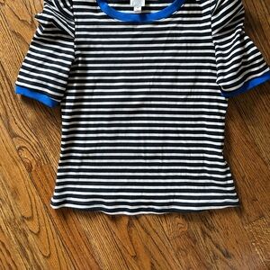 Maeve /Anthropologie Black and White Striped Tee with Blue Trim